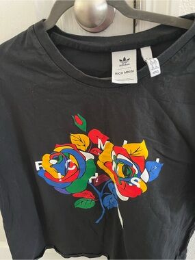 adidas Black Tee with Multicolor Rose Graphic